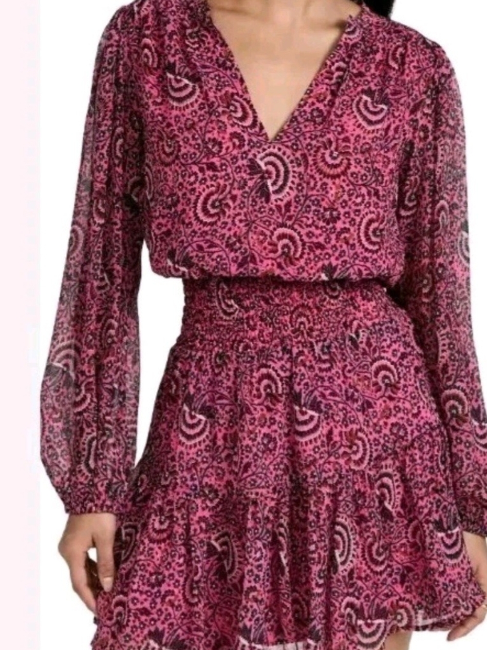 ALC Dress 100% Silk Long Sleeve Boho Floral Dress In Pink Woman's Size 8